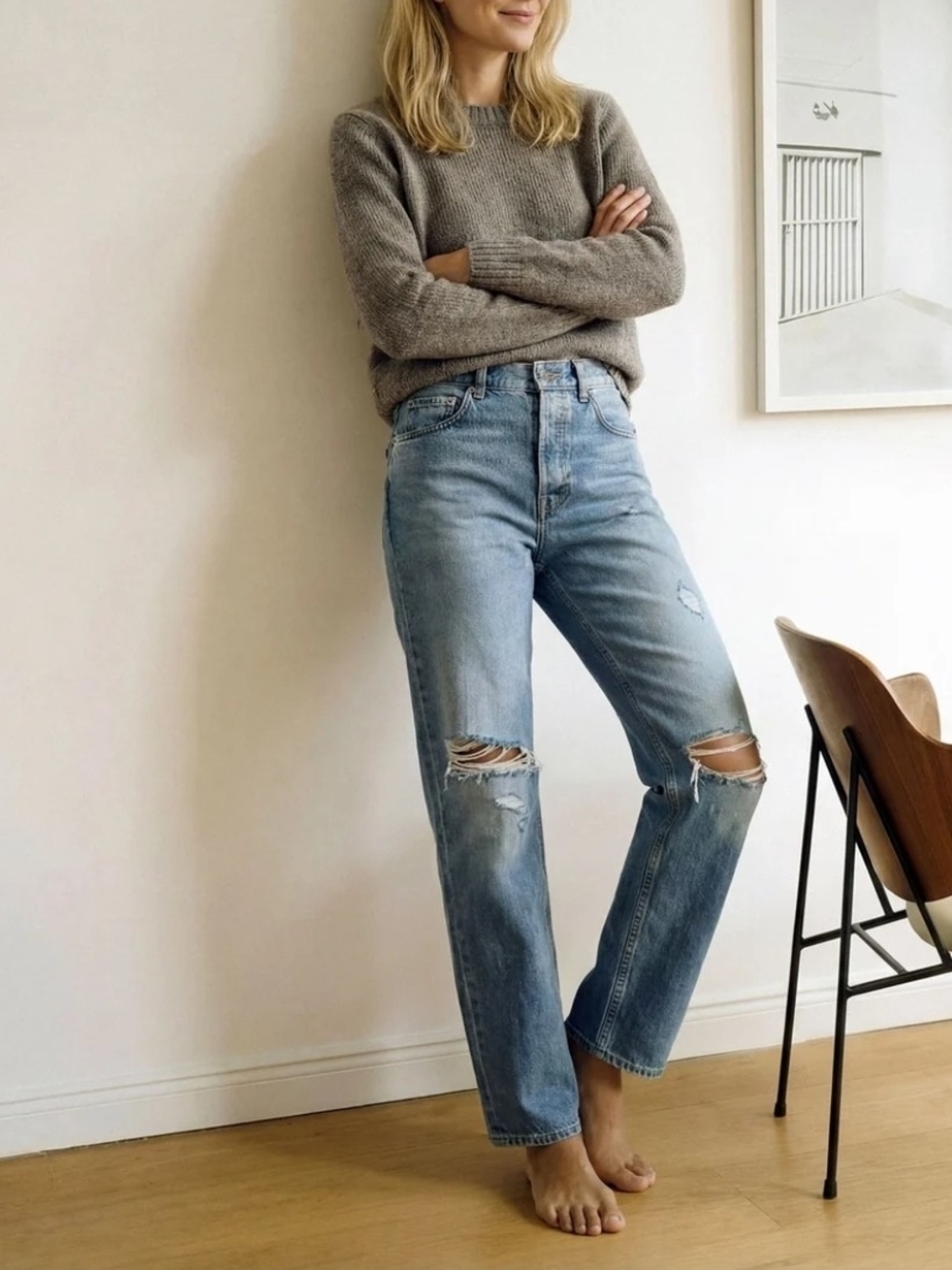 NWT Free People / EDWIN Kayla Relaxed Straight Distressed Jeans Foam 28 NEW